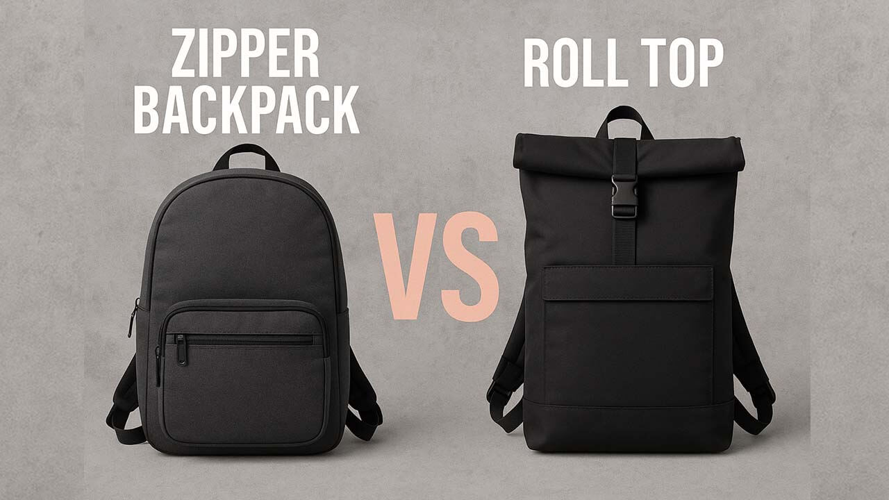 Zipper Backpack vs Roll Top backpack- two backpacks side by side, one is roll backpack and another is zipper backpack.